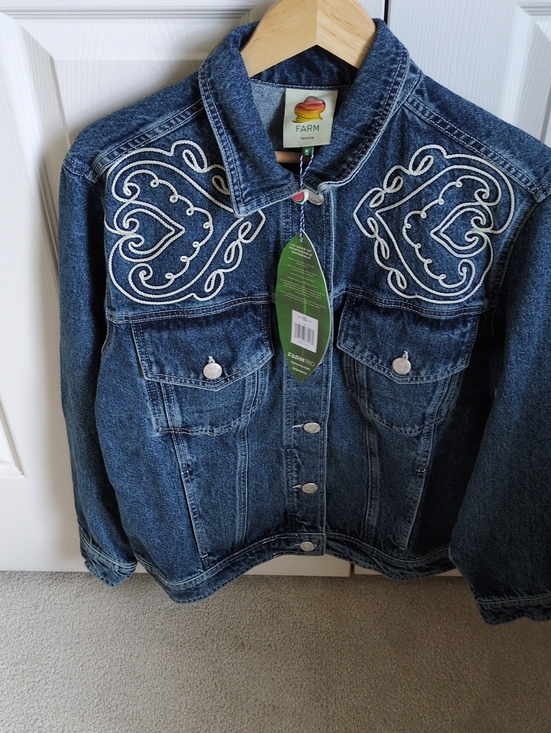 FARM Rio Jackets & Blazers - NWT - FARM Rio Dark Blue Denim Jacket with White Heart Embroidery